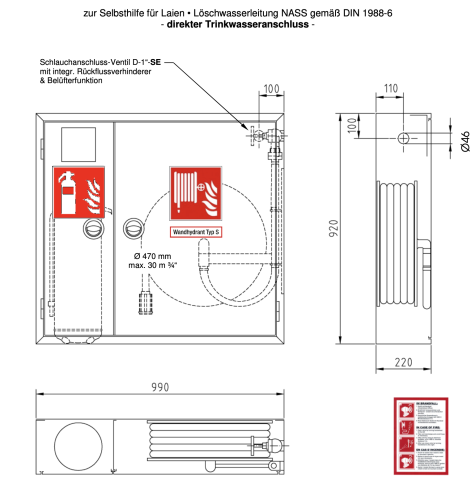 Jockel Wandhydrant Schrank Typ S Einbauschrank, inkl. Feuerlöscherfach + Melderfach